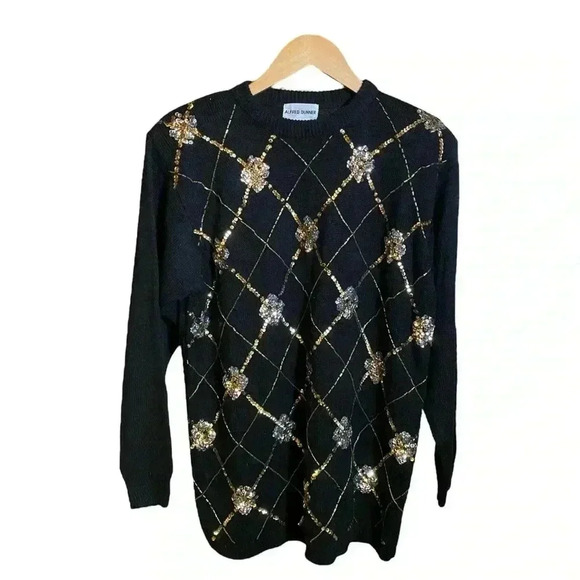 VGT 80s 90s ALFRED DUNNER Women's Preppy Sweater Black Gold Sequins Argyle L - Picture 1 of 10